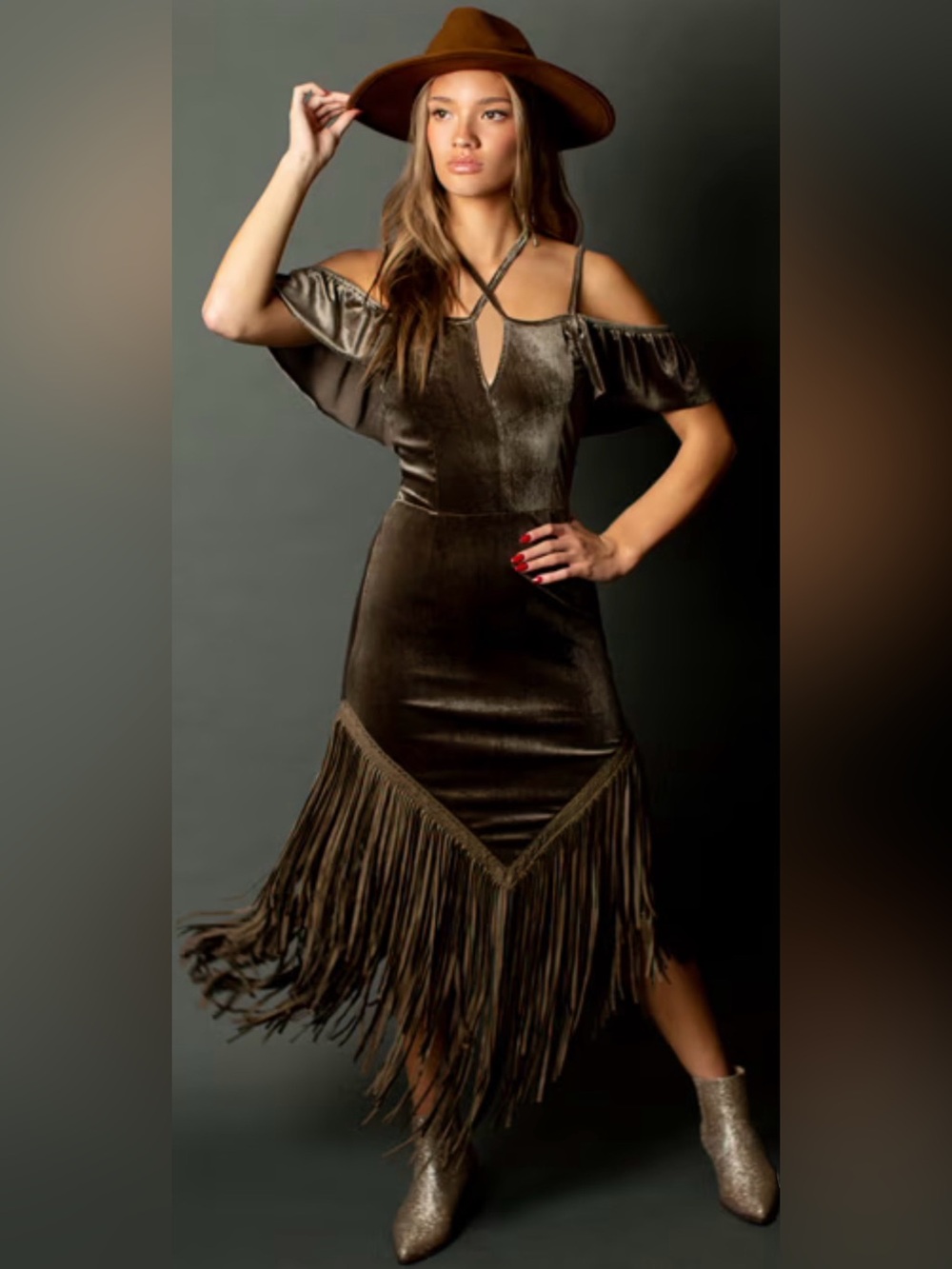🌵Joyfolie Klara Fringe Velvet Dress in Grey Green